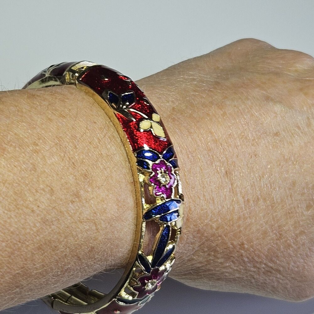 *Sale* Jiu Long Xing Gold Tone Red Blue Cloisonne Flower Hinged Bracelet 7.5" - Picture 11 of 14
